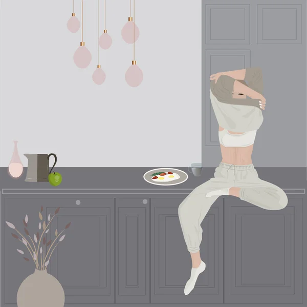 Rgb Woman Have Breakfast Kithen Vector Illustration Interior — Stock Vector