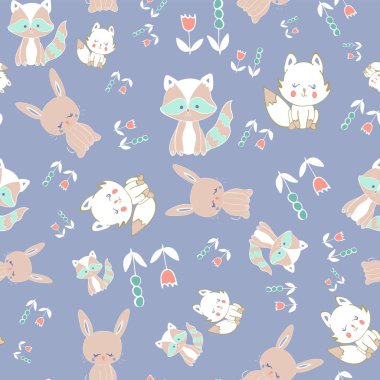 Denim Blue Cute Critter Pattern Seamless Repeat Pattern Vector Print
