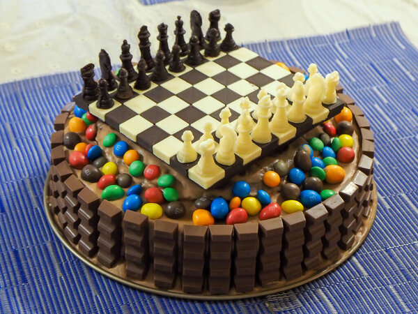 OLYMPUS DIGITAL CAMERA, Chocolate chess cake, jelly with milk chocolate, chess chocolate board and figures