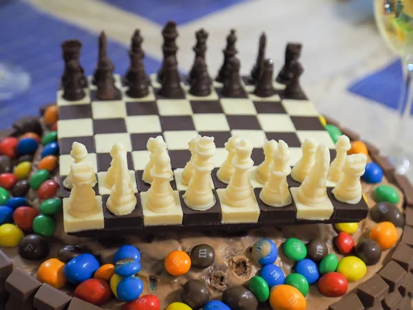 OLYMPUS DIGITAL CAMERA, Chocolate chess cake, jelly with milk chocolate, chess chocolate board and figures