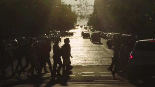 As pessoas atravessam a rua numa travessia de peões. Multidão. Kiev. Ucrânia. Movimento lento. — Vídeo de Stock