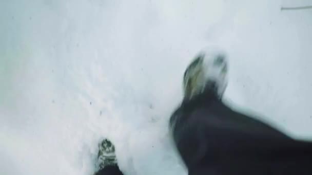 En man gick vilse i en snöig skog på vintern. Pov — Stockvideo