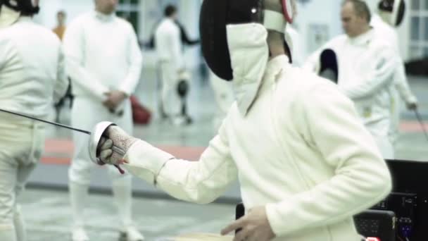 Fencing. Fencer during a duel. Slow motion. Kyiv. Ukraine — Stock Video