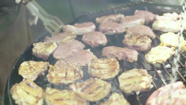 The meat is fried on an iron grill. Close-up. B-B-Q. — Stock Video