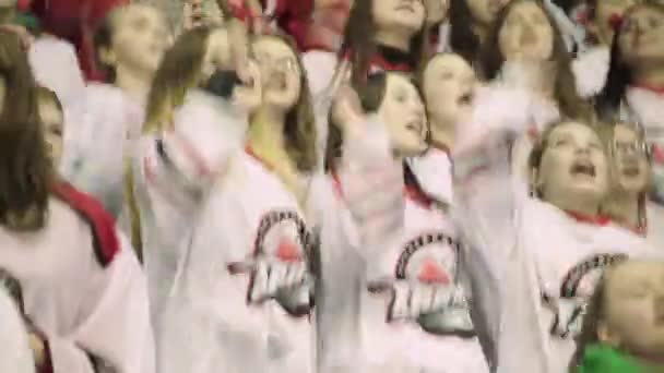 Fans tijdens een hockeywedstrijd. Mensen toeschouwers op de ijsarena. Kiev. Oekraïne — Stockvideo