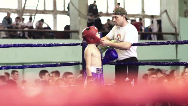 Kickboxning. En ung boxare i ringhörnan. Sakta i backarna. Kiev. Ukraina — Stockvideo