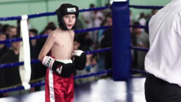 Kickboxing. A luta no ringue. Competição. Kiev. Ucrânia. Movimento lento — Vídeo de Stock