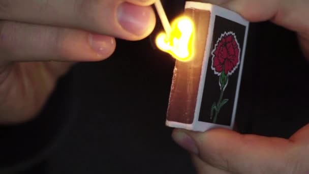 A match is set on fire. Close-up. Macro. Slow motion — Stock Video