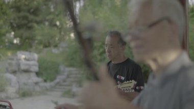 Erkek müzisyen parkta çalıyor. Pekin 'de. Çin. Asya
