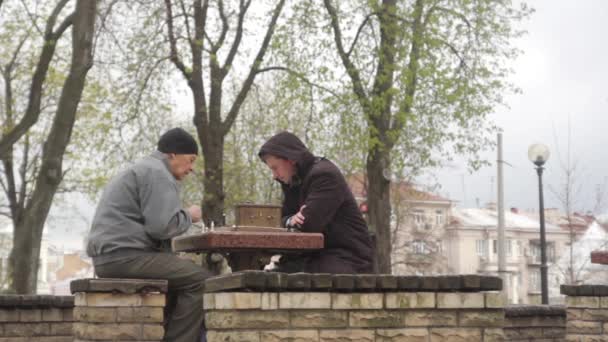 Rentner spielen im Herbst Schach im Park. Kiew, Ukraine — Stockvideo