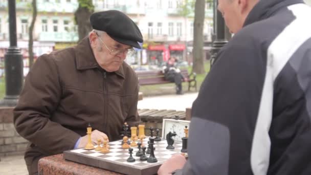 年金受給者は秋に公園でチェスをする。ウクライナのキエフ — ストック動画