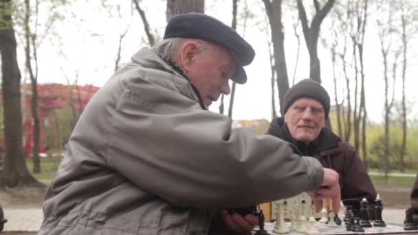 Pensioners play chess in the park in the fall autumn . Kyiv, Ukraine — Stock Video