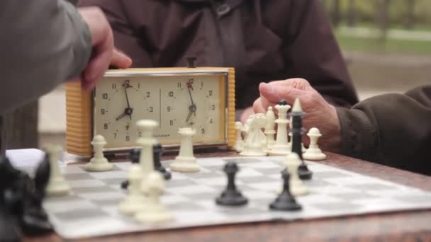 Pensioners play chess in the park in the fall autumn . Kyiv, Ukraine — Stock Video
