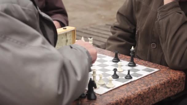Rentner spielen im Herbst Schach im Park. Kiew, Ukraine — Stockvideo