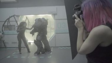 Backstage photo shoot in a studio. Comic con. Cosplay