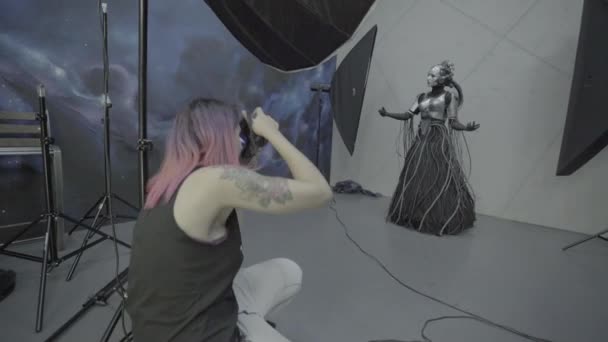Backstage photo shoot in a studio. Comic con. Cosplay — Stock Video