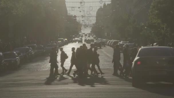 Ludzie przechodzą przez ulicę przy przejściu dla pieszych. Tłum. Kijów. Ukraina. Zwolniony ruch. — Wideo stockowe