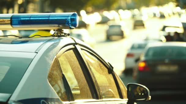 Lampeggiante lampeggiante sul tetto di una macchina della polizia. Blinker. Primo piano. — Video Stock