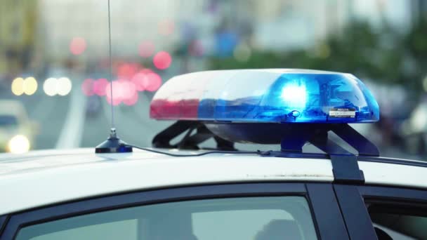 Flashing flasher on the roof of a police car. Blinker. Close-up. — Stock Video