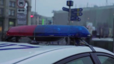 Gece bir polis arabasının çatısında teşhirci. Yanıp sönen.