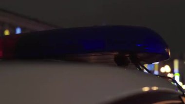 Gece bir polis arabasının çatısında teşhirci. Yanıp sönen.