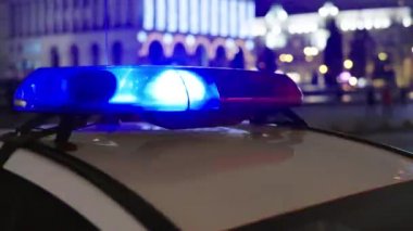 Gece bir polis arabasının çatısında teşhirci. Yanıp sönen.