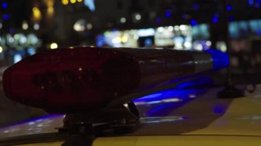 Gece bir polis arabasının çatısında teşhirci. Yanıp sönen.