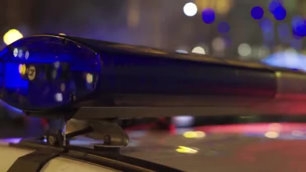 Blinklichter auf dem Dach eines Polizeiautos in der Nacht. Blinker. — Stockvideo