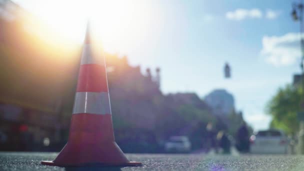 Police cone on the road. Place of accident. Transport. Road traffic. Sign. Kyiv. — ストック動画