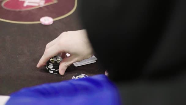 Chips while playing poker in a casino. Close-up. Gambling — Stock Video