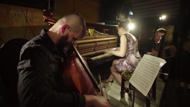 Un hombre toca el violonchelo en un bar. Kiev. Ucrania . — Vídeo de stock