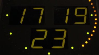 Elektronik skorbord ile saat ekranı. Yakın plan..