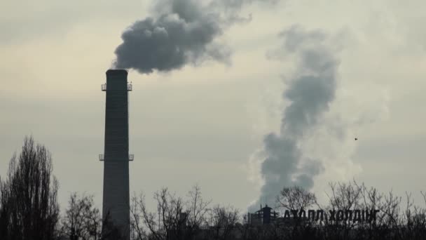 煙は煙突から出ています。大気汚染だスローモーション。生態学。キエフ。ウクライナ — ストック動画
