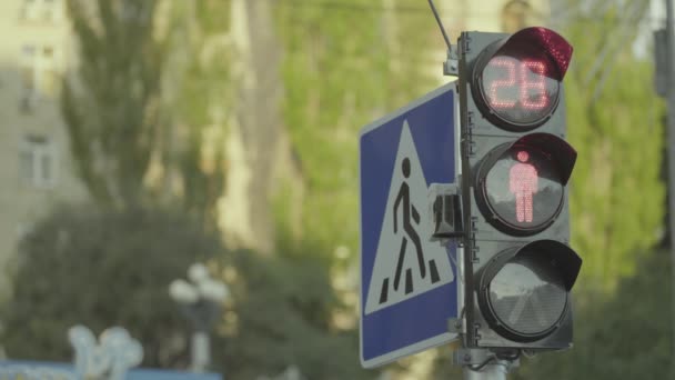 Gündüz vakti yolda trafik ışığı yanıyor. Yakın plan. Kyiv. Ukrayna — Stok video