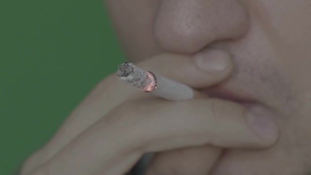 Cigarette in the mouth of a smoker. Close-up. Slow motion. Chroma Key. Green background. — Stock Video