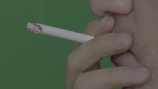 Cigarro na boca de um fumante. Close-up. Movimento lento. Chroma Key. Fundo verde . — Vídeo de Stock