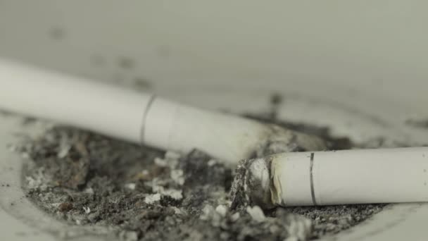 Kouření. Cigaretu v popelníku. Detailní záběr. Makro. — Stock video