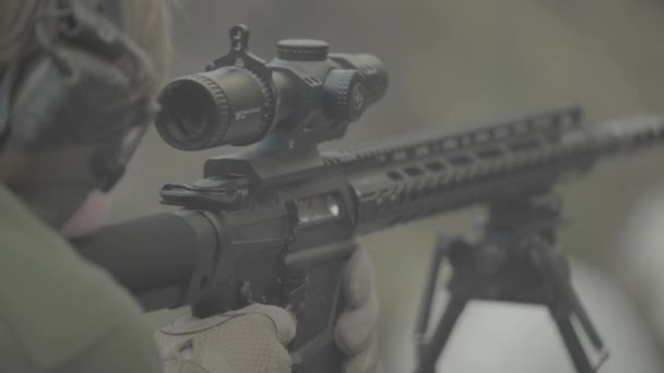 Rifle shooter during shooting. Close-up — Stock Video