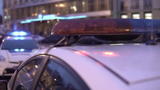 Flashing flasher on the roof of a police car at night. Blinker. — Stock Video