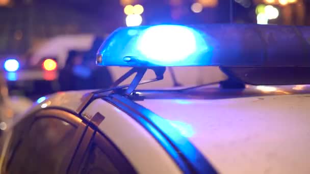 Blinkende blinker på taget af en politibil om natten. Blinker . – Stock-video