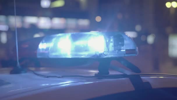 Blinklichter auf dem Dach eines Polizeiautos in der Nacht. Blinker. — Stockvideo