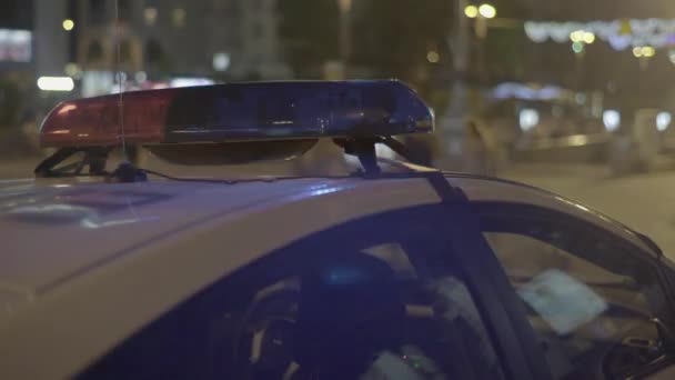 Parpadea en el techo de un coche de policía por la noche. Blinker. . — Vídeo de stock