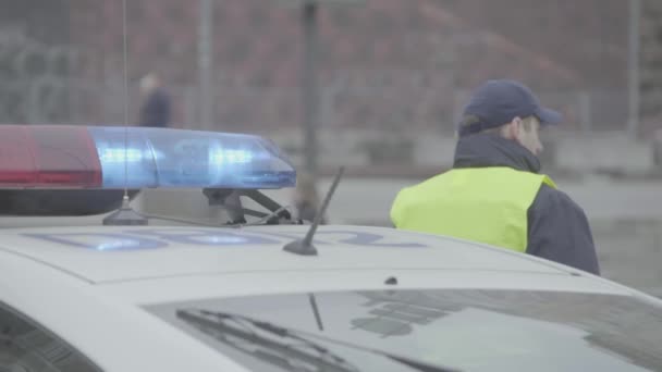 एक पुलिस कार की छत पर चमकती Flasher. ब्लिंकर। बंद-अप . — स्टॉक वीडियो