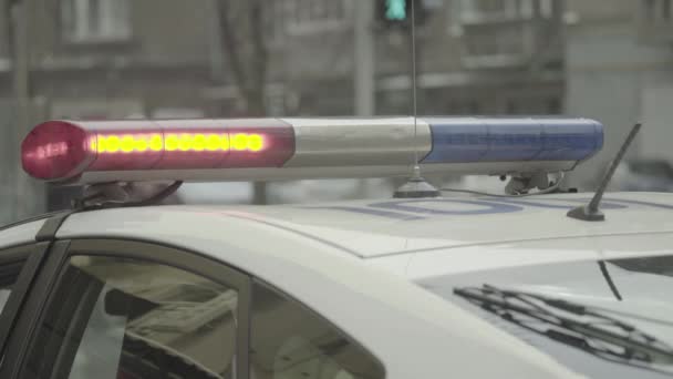 Um piscar de olhos no telhado de um carro da polícia. Blinker. Close-up. — Vídeo de Stock