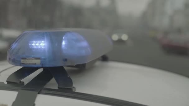 Blinklicht auf dem Dach eines Polizeiwagens. Scheuklappen. Nahaufnahme. — Stockvideo