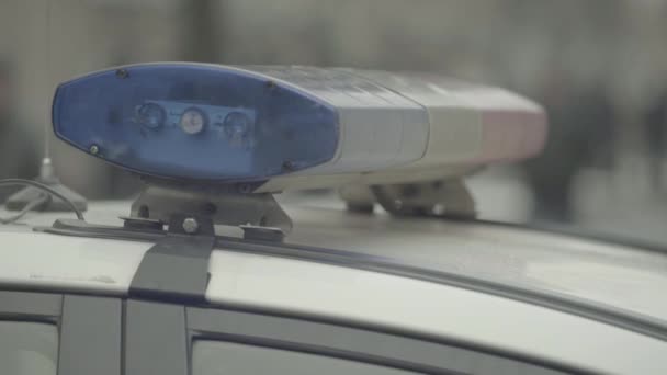 Blinklicht auf dem Dach eines Polizeiwagens. Scheuklappen. Nahaufnahme. — Stockvideo