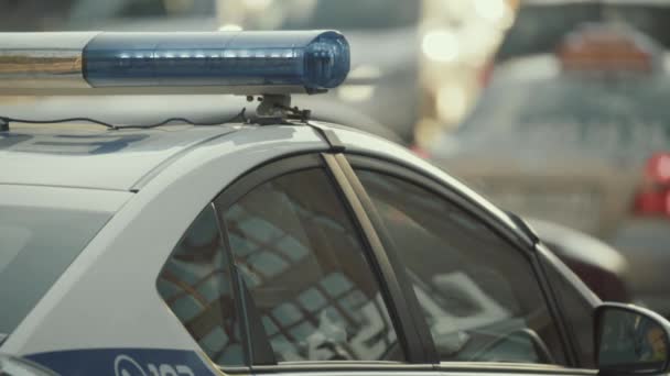 Um piscar de olhos no telhado de um carro da polícia. Blinker. Close-up. — Vídeo de Stock