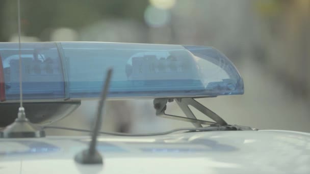 Blikající blikač na střeše policejního auta. Mrkačka. Detailní záběr. — Stock video