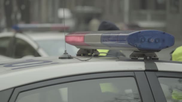 Um piscar de olhos no telhado de um carro da polícia. Blinker. Close-up. — Vídeo de Stock