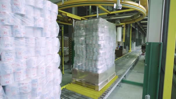 Un transportador de trabajo en una fábrica de papel. Tecnología. Fábrica. Kiev. Ucrania. — Vídeos de Stock